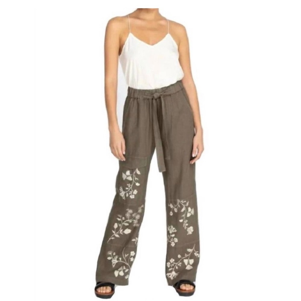 JOHNNY WAS lael Floral Embroidered Linen Wide Leg Pants Boho Summer County Club